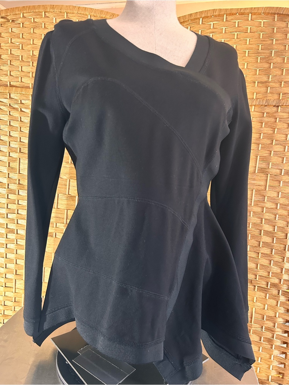 G.I.L.I. Black Asymmetrical Drape Back Zip Ponte Knit Top Size 10